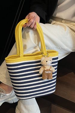 Color-Blocking Striped Woven Shoulder Bag for Women - Versatile Summer 2025 Beach Bucket Bag