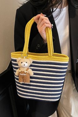 Color-Blocking Striped Woven Shoulder Bag for Women - Versatile Summer 2025 Beach Bucket Bag