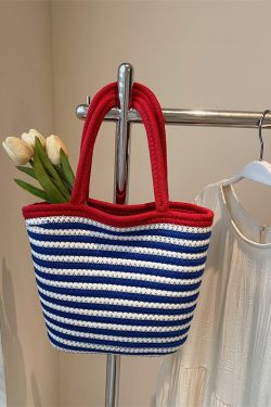 Color-Blocking Striped Woven Shoulder Bag for Women - Versatile Summer 2025 Beach Bucket Bag