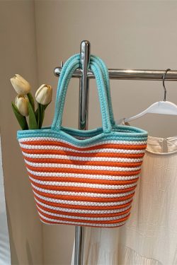 Color-Blocking Striped Woven Shoulder Bag for Women - Versatile Summer 2025 Beach Bucket Bag