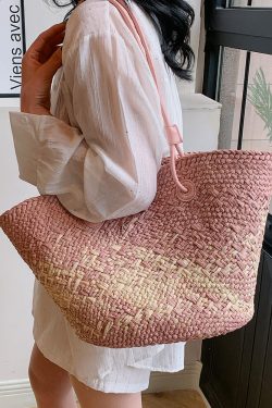 Color-Blocking Woven Straw Bag for Women - Large Capacity Shoulder Bag for Summer Seaside Vacation 2025 Fashion
