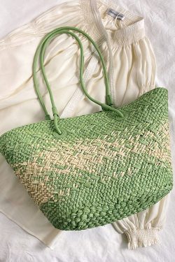 Color-Blocking Woven Straw Bag for Women - Large Capacity Shoulder Bag for Summer Seaside Vacation 2025 Fashion