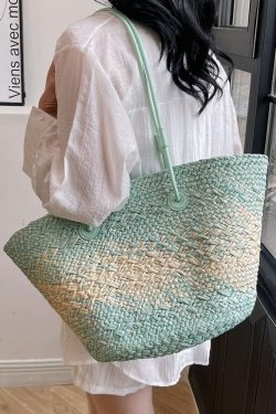 Color-Blocking Woven Straw Bag for Women - Large Capacity Shoulder Bag for Summer Seaside Vacation 2025 Fashion