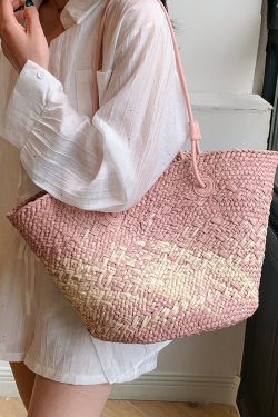 Color-Blocking Woven Straw Bag for Women - Large Capacity Shoulder Bag for Summer Seaside Vacation 2025 Fashion