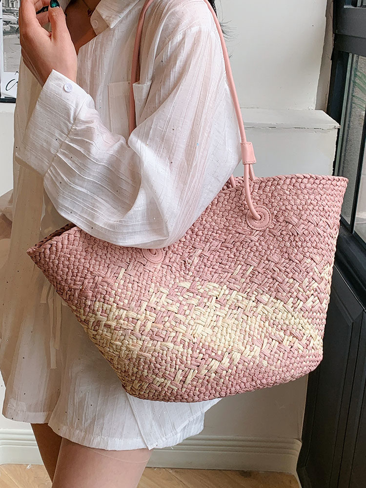 Color-Blocking Woven Straw Bag for Women - Large Capacity Shoulder Bag for Summer Seaside Vacation 2025 Fashion Color-Blocking Woven Straw Bag for Women - Large Capacity Shoulder Bag for Summer Seaside Vacation 2025 Fashion