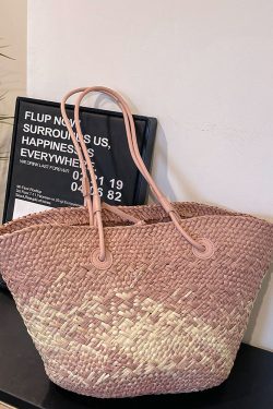 Color-Blocking Woven Straw Bag for Women - Large Capacity Shoulder Bag for Summer Seaside Vacation 2025 Fashion