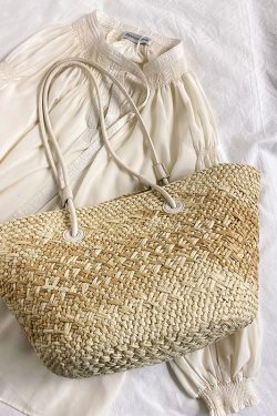 Color-Blocking Woven Straw Bag for Women - Large Capacity Shoulder Bag for Summer Seaside Vacation 2025 Fashion