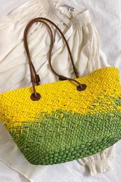 Color-Blocking Woven Straw Bag for Women - Large Capacity Shoulder Bag for Summer Seaside Vacation 2025 Fashion