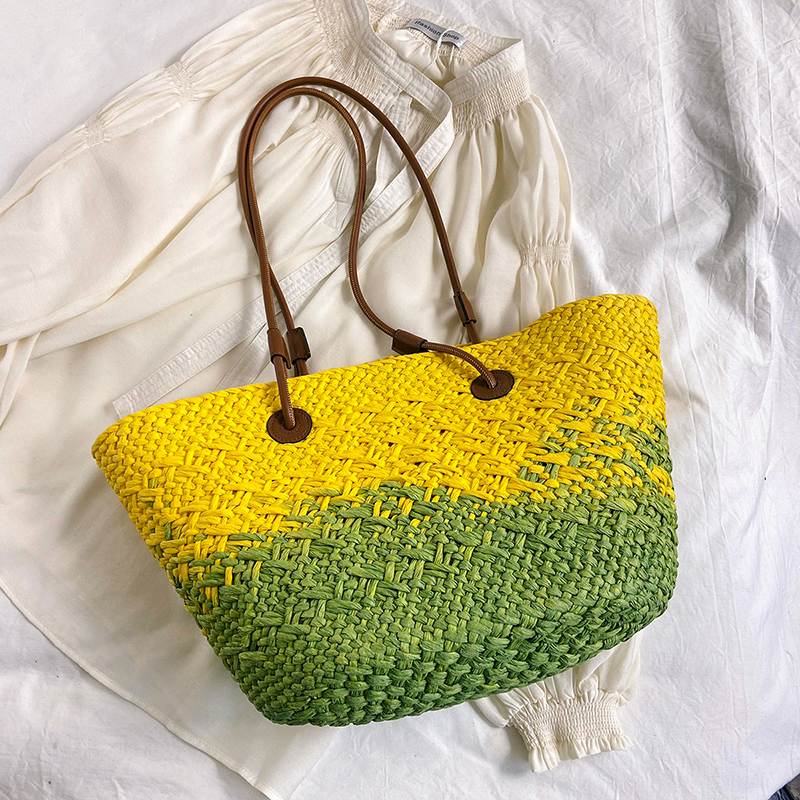 Color-Blocking Woven Straw Bag for Women - Large Capacity Shoulder Bag for Summer Seaside Vacation 2025 Fashion Color-Blocking Woven Straw Bag for Women - Large Capacity Shoulder Bag for Summer Seaside Vacation 2025 Fashion