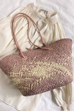 Color-Blocking Woven Straw Bag for Women - Large Capacity Shoulder Bag for Summer Seaside Vacation 2025 Fashion