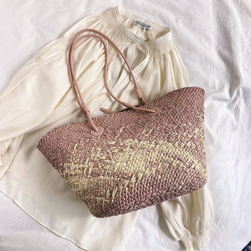 Color-Blocking Woven Straw Bag for Women - Large Capacity Shoulder Bag for Summer Seaside Vacation 2025 Fashion Color-Blocking Woven Straw Bag for Women - Large Capacity Shoulder Bag for Summer Seaside Vacation 2025 Fashion
