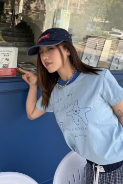 Color Dot Contrast Embroidery Short Sleeve T-Shirt for Women, Summer Round Neck Top, INS Style, Casual Chic Fashion