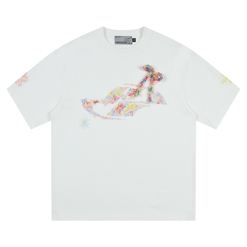 Colorful Floral Graffiti Crayon-Painted Short Sleeve T-Shirt for Kids with Bow Detail - Quirky and Fun Design Colorful Floral Graffiti Crayon-Painted Short Sleeve T-Shirt for Kids with Bow Detail - Quirky and Fun Design