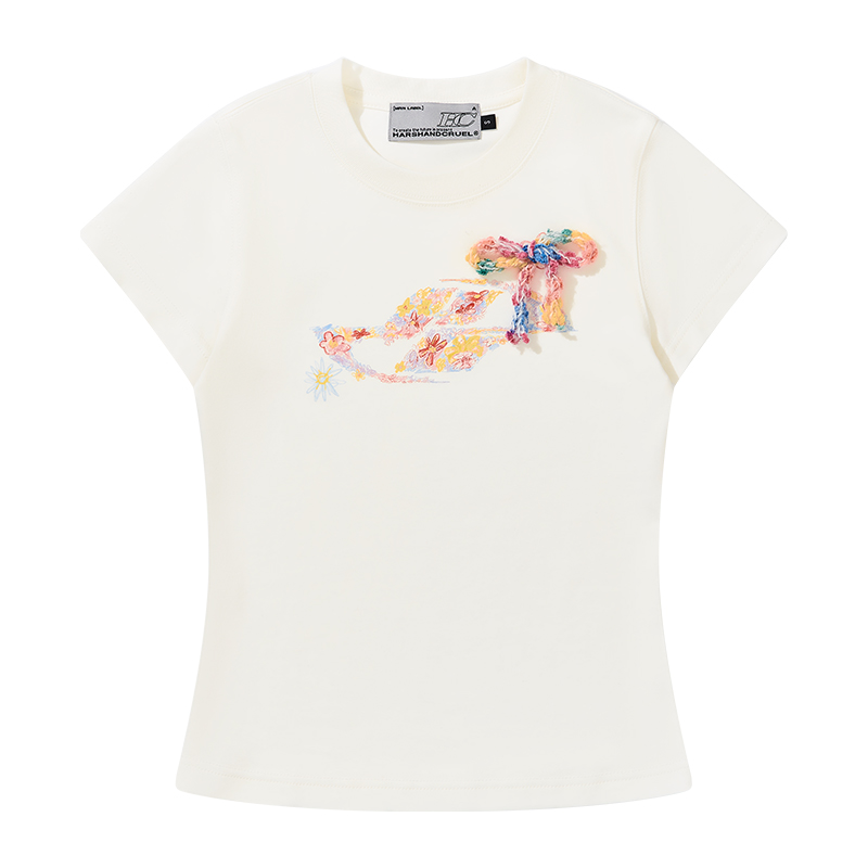 Colorful Floral Graffiti Crayon-Painted Short Sleeve T-Shirt for Kids with Bow Detail - Quirky and Fun Design Colorful Floral Graffiti Crayon-Painted Short Sleeve T-Shirt for Kids with Bow Detail - Quirky and Fun Design