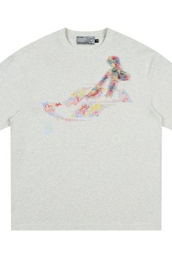 Colorful Floral Graffiti Crayon-Painted Short Sleeve T-Shirt for Kids with Bow Detail - Quirky and Fun Design