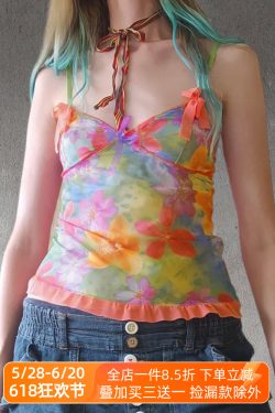 Colorful Floral Mesh Spaghetti Strap Women's Summer Vest - Forest Fairy Design, Dopamine Element, Trendy Y2K Style