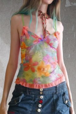 Colorful Floral Mesh Spaghetti Strap Women's Summer Vest - Forest Fairy Design, Dopamine Element, Trendy Y2K Style