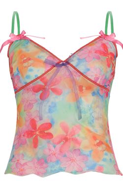 Colorful Floral Mesh Spaghetti Strap Women's Summer Vest - Forest Fairy Design, Dopamine Element, Trendy Y2K Style