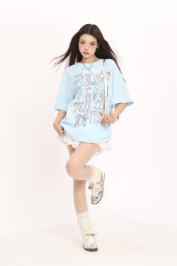 Colorful Graffiti Bow Short Sleeve T-Shirt for Women - Summer Korean Style Round Neck Top, Trendy Casual Wear