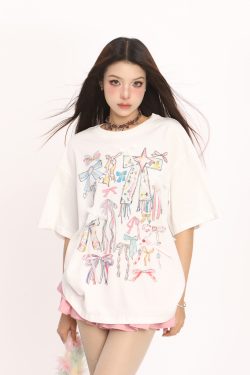 Colorful Graffiti Bow Short Sleeve T-Shirt for Women - Summer Korean Style Round Neck Top, Trendy Casual Wear