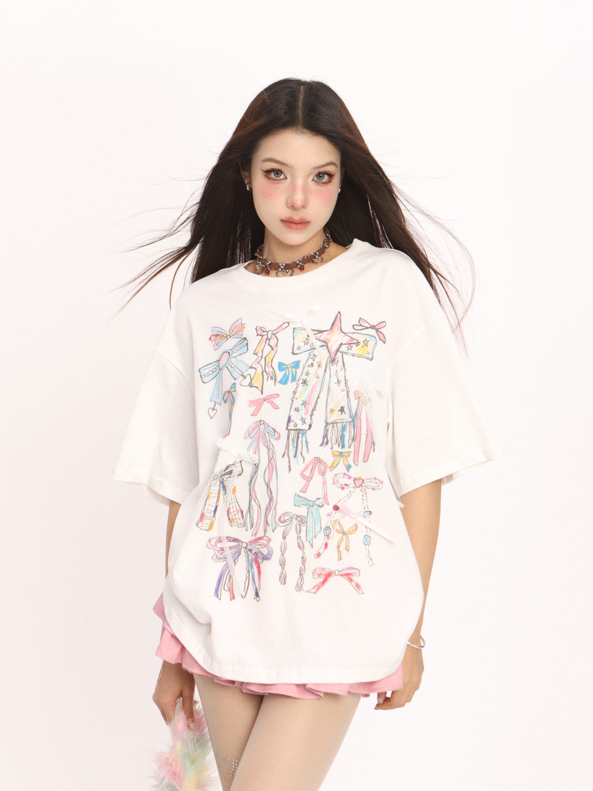 Colorful Graffiti Bow Short Sleeve T-Shirt for Women - Summer Korean Style Round Neck Top, Trendy Casual Wear Colorful Graffiti Bow Short Sleeve T-Shirt for Women - Summer Korean Style Round Neck Top, Trendy Casual Wear