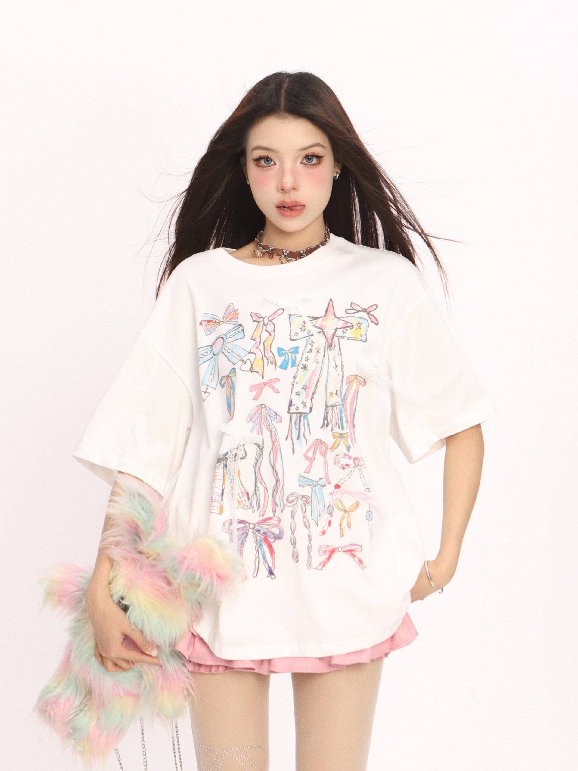 Colorful Graffiti Bow Short Sleeve T-Shirt for Women - Summer Korean Style Round Neck Top, Trendy Casual Wear Colorful Graffiti Bow Short Sleeve T-Shirt for Women - Summer Korean Style Round Neck Top, Trendy Casual Wear