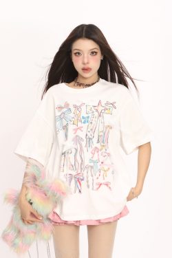 Colorful Graffiti Bow Short Sleeve T-Shirt for Women - Summer Korean Style Round Neck Top, Trendy Casual Wear