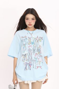Colorful Graffiti Bow Short Sleeve T-Shirt for Women - Summer Korean Style Round Neck Top, Trendy Casual Wear