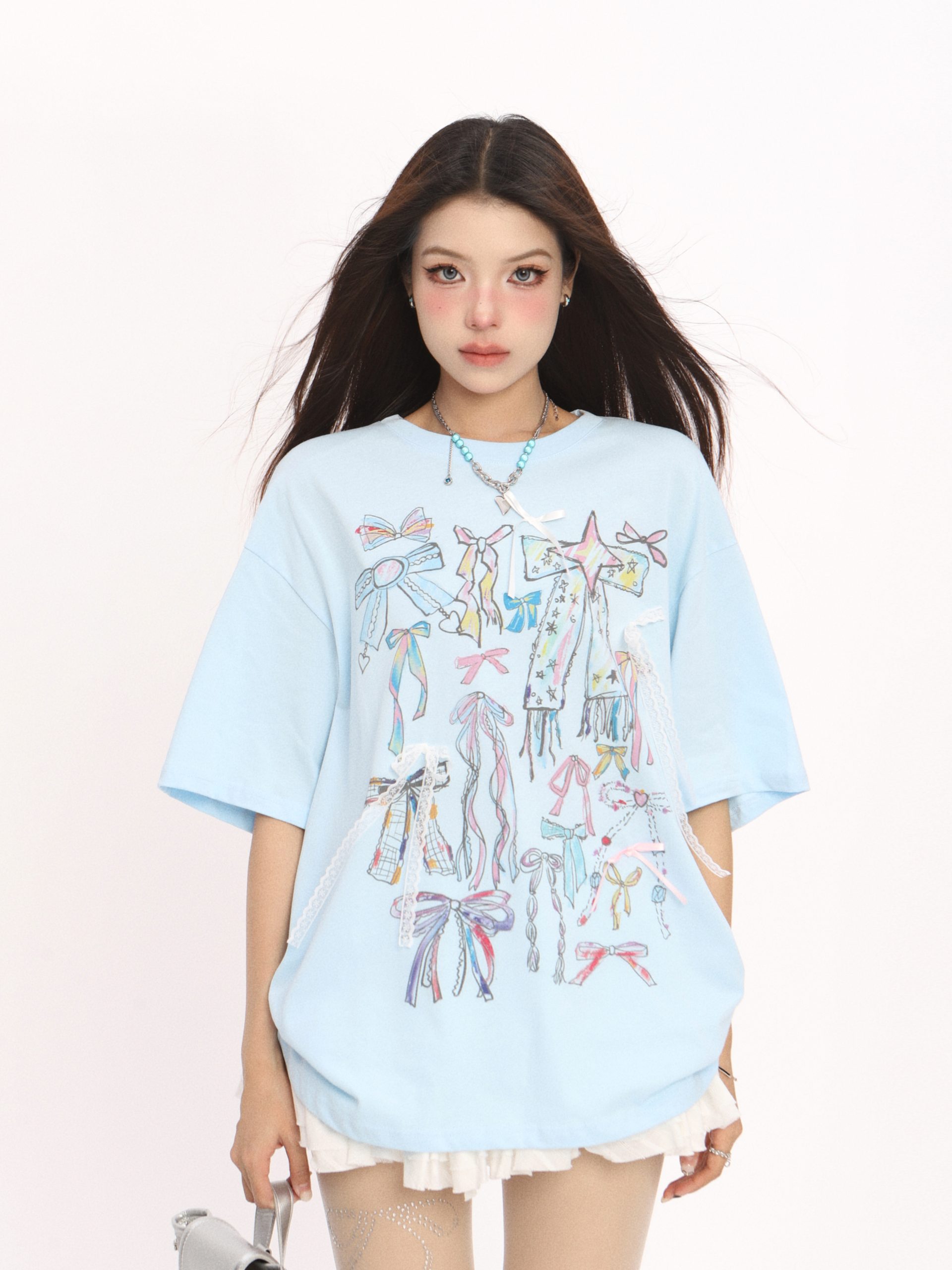 Colorful Graffiti Bow Short Sleeve T-Shirt for Women - Summer Korean Style Round Neck Top, Trendy Casual Wear Colorful Graffiti Bow Short Sleeve T-Shirt for Women - Summer Korean Style Round Neck Top, Trendy Casual Wear
