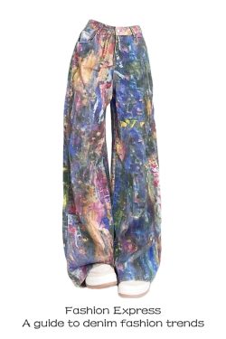 Colorful Graffiti Splatter High-Waisted Wide-Leg Jeans for Women - American Retro Style Casual Pants for Spring and Autumn 2025