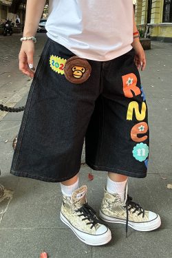 Colorful Letter Printed Washed Denim Shorts for Men and Women - Summer Straight Loose Wide-Leg 90s Style Seven-Point Pants