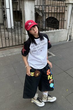 Colorful Letter Printed Washed Denim Shorts for Men and Women - Summer Straight Loose Wide-Leg 90s Style Seven-Point Pants