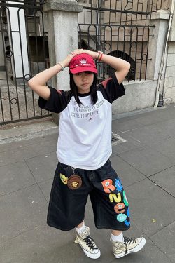 Colorful Letter Printed Washed Denim Shorts for Men and Women - Summer Straight Loose Wide-Leg 90s Style Seven-Point Pants