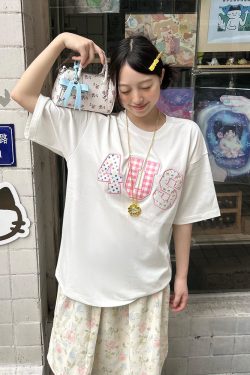 Colorful Patchwork Floral Polka Dot Plaid Couple Loose T-Shirt - Summer Short Sleeve Top for Casual Y2K Style Fashion