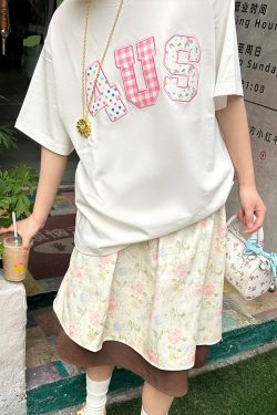 Colorful Patchwork Floral Polka Dot Plaid Couple Loose T-Shirt - Summer Short Sleeve Top for Casual Y2K Style Fashion