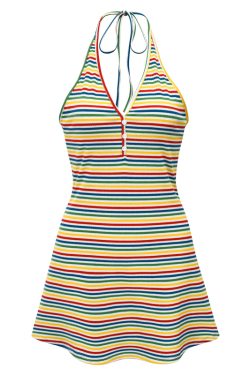 Colorful Striped Halter Dress for Women - Backless Slim A-line Mini Skirt, Perfect for Summer or Y2K Fashion Styles