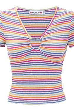 Colorful Striped Heart Button V-Neck Short Sleeve T-Shirt for Women – Slim Fit European American Style Y2K Fashion Top