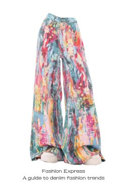 Colorful Women's Denim Wide-Leg Pants with Splash Ink Oil Painting Print, Slim Fit Trendy Style for Spring 2025