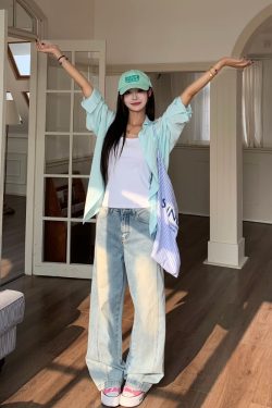 Cool Feeling Green Sunscreen Long Sleeve Shirt for Women - Loose Summer Cardigan Top, Perfect for 90s and Y2K Style