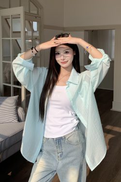 Cool Feeling Green Sunscreen Long Sleeve Shirt for Women - Loose Summer Cardigan Top, Perfect for 90s and Y2K Style