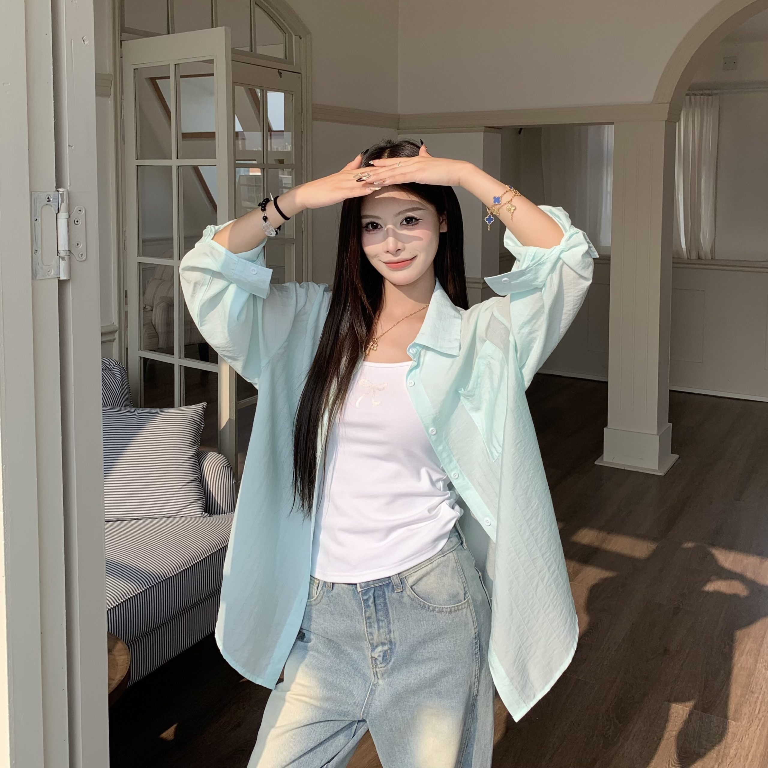 Cool Feeling Green Sunscreen Long Sleeve Shirt for Women - Loose Summer Cardigan Top, Perfect for 90s and Y2K Style Cool Feeling Green Sunscreen Long Sleeve Shirt for Women - Loose Summer Cardigan Top, Perfect for 90s and Y2K Style