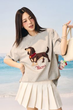 Cool Feeling Sunscreen Suede Patch Towel Embroidered Puppy Short Sleeve T-Shirt - Trendy Y2K Style for Casual Wear