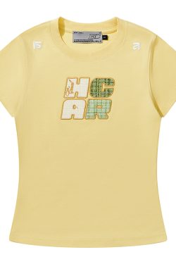 Cool Feeling Sunscreen T-Shirt with Vintage Woven Patch Embroidery, Short Sleeves, Y2K Style, Perfect for Summer Casual Wear