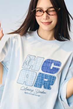 Cool Feeling Sunscreen T-Shirt with Vintage Woven Patch Embroidery, Short Sleeves, Y2K Style, Perfect for Summer Casual Wear