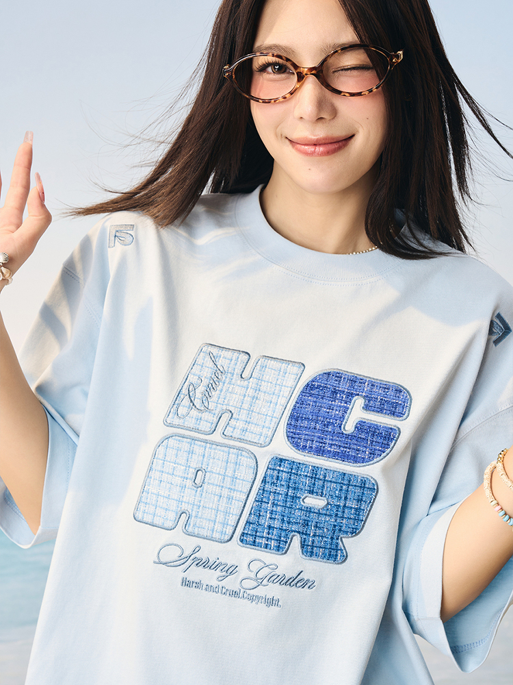 Cool Feeling Sunscreen T-Shirt with Vintage Woven Patch Embroidery, Short Sleeves, Y2K Style, Perfect for Summer Casual Wear Cool Feeling Sunscreen T-Shirt with Vintage Woven Patch Embroidery, Short Sleeves, Y2K Style, Perfect for Summer Casual Wear