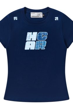 Cool Feeling Sunscreen T-Shirt with Vintage Woven Patch Embroidery, Short Sleeves, Y2K Style, Perfect for Summer Casual Wear