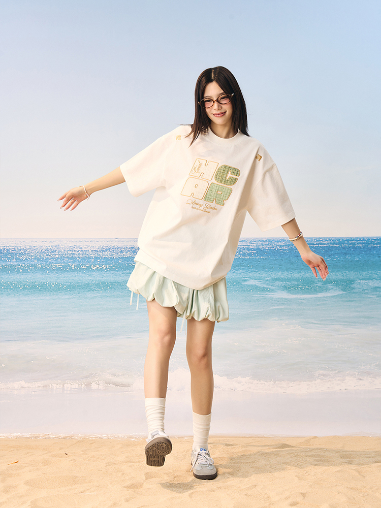 Cool Feeling Sunscreen T-Shirt with Vintage Woven Patch Embroidery, Short Sleeves, Y2K Style, Perfect for Summer Casual Wear Cool Feeling Sunscreen T-Shirt with Vintage Woven Patch Embroidery, Short Sleeves, Y2K Style, Perfect for Summer Casual Wear