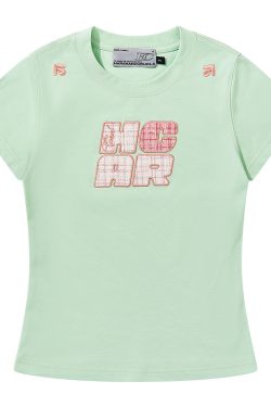 Cool Feeling Sunscreen T-Shirt with Vintage Woven Patch Embroidery, Short Sleeves, Y2K Style, Perfect for Summer Casual Wear