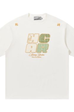 Cool Feeling Sunscreen T-Shirt with Vintage Woven Patch Embroidery, Short Sleeves, Y2K Style, Perfect for Summer Casual Wear