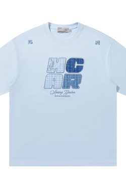 Cool Feeling Sunscreen T-Shirt with Vintage Woven Patch Embroidery, Short Sleeves, Y2K Style, Perfect for Summer Casual Wear